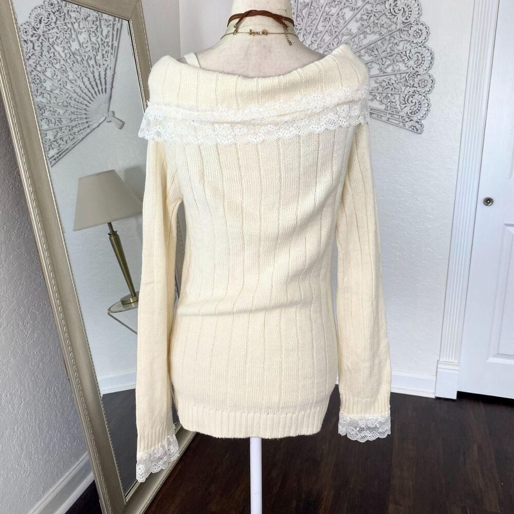 Kawaii Babe Cream Lace Trim Coquette Knit Off-Shoulder Mini Sweater / Dress M - Picture 4 of 8
